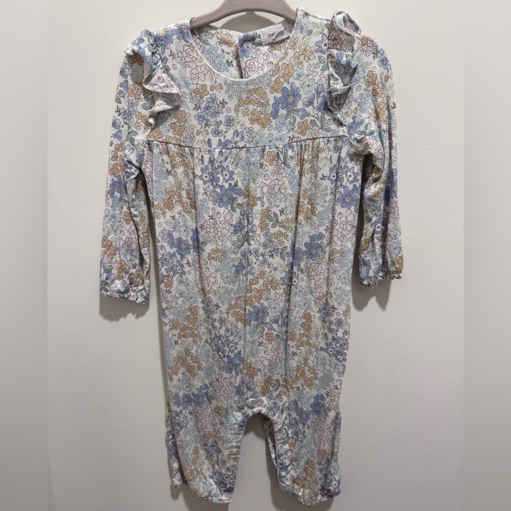 Angel Dear Floral Ruffle Romper in Soft Blue and Cream